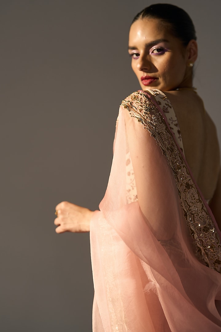 Pink Organza Silk Hand Embroidered Wedding Saree Set by Sarang Kaur at Pernia's Pop Up Shop