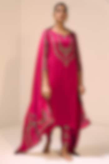 Pink Satin Georgette Hand Embroidered Dupatta by Sarang Kaur at Pernia's Pop Up Shop