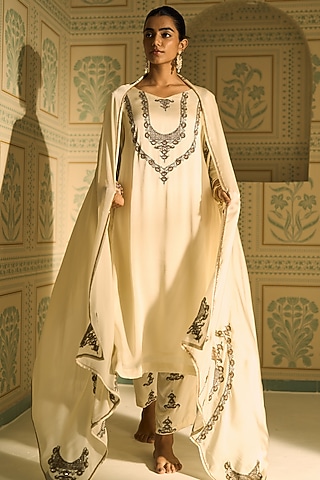 White Satin Georgette Hand Embroidered Dupatta by Sarang Kaur
