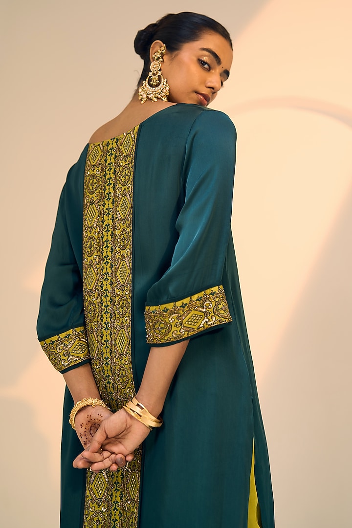 Green Satin Georgette Hand Embroidered Kurta Set by Sarang Kaur at Pernia's Pop Up Shop
