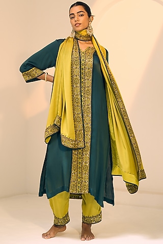 Green Satin Georgette Hand Embroidered Dupatta by Sarang Kaur