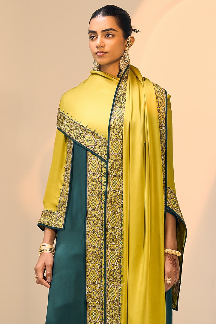 Green Satin Georgette Hand Embroidered Dupatta by Sarang Kaur at Pernia's Pop Up Shop