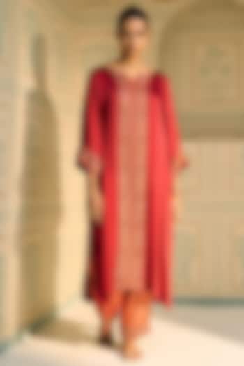 Red Satin Georgette Hand Embroidered Kurta Set by Sarang Kaur at Pernia's Pop Up Shop