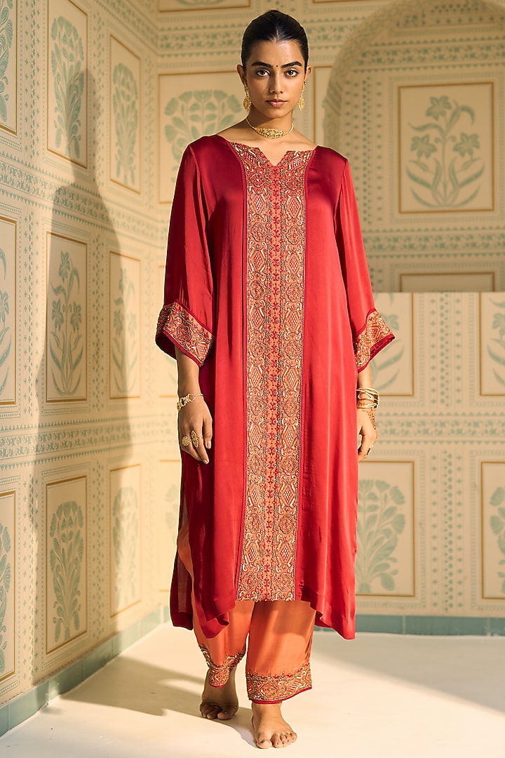 Red Satin Georgette Hand Embroidered Kurta Set by Sarang Kaur at Pernia's Pop Up Shop