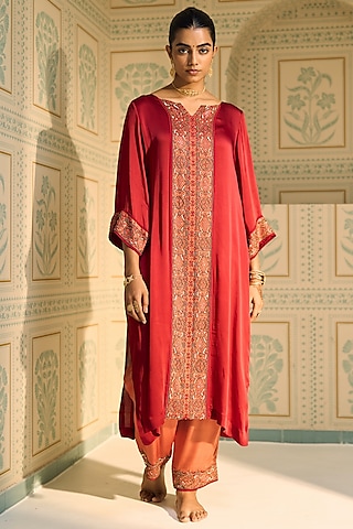 Red Satin Georgette Hand Embroidered Kurta Set by Sarang Kaur