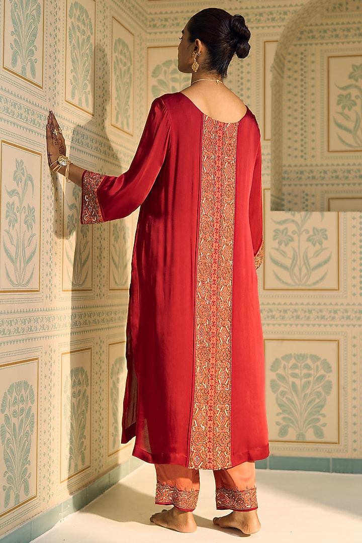 Red Satin Georgette Hand Embroidered Kurta Set by Sarang Kaur at Pernia's Pop Up Shop