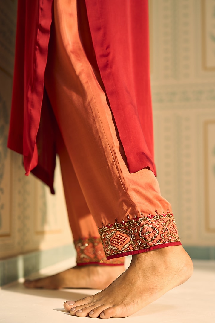 Red Satin Georgette Hand Embroidered Kurta Set by Sarang Kaur at Pernia's Pop Up Shop