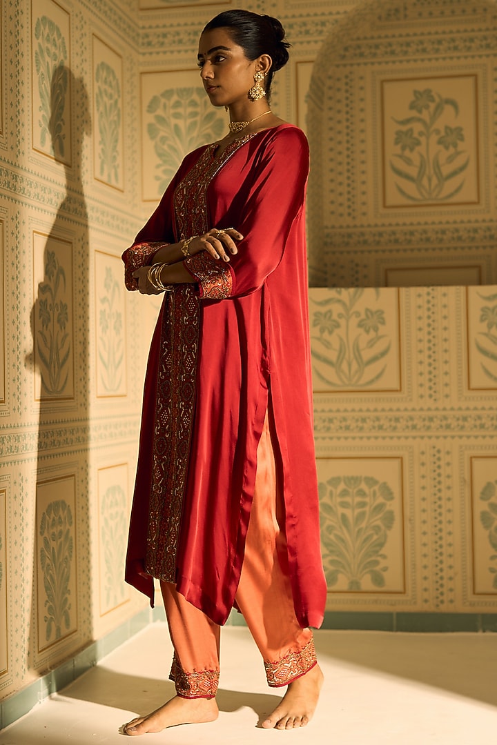 Red Satin Georgette Hand Embroidered Kurta Set by Sarang Kaur at Pernia's Pop Up Shop