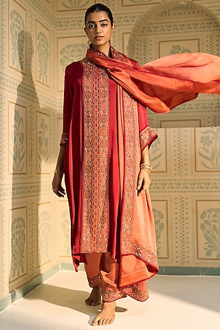 Orange Satin Georgette Hand Embroidered Dupatta by Sarang Kaur