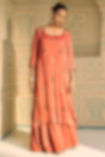 Orange Satin Georgette Hand Embroidered Kurta Set by Sarang Kaur at Pernia's Pop Up Shop