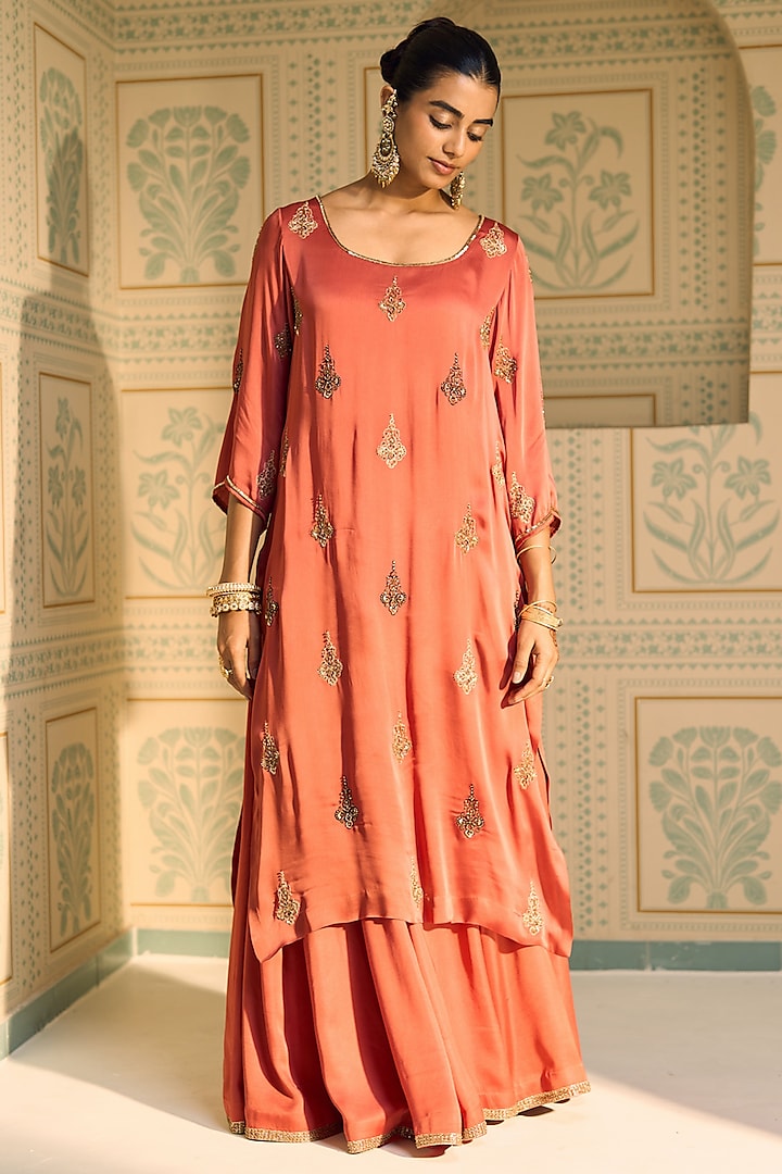 Orange Satin Georgette Hand Embroidered Kurta Set by Sarang Kaur at Pernia's Pop Up Shop