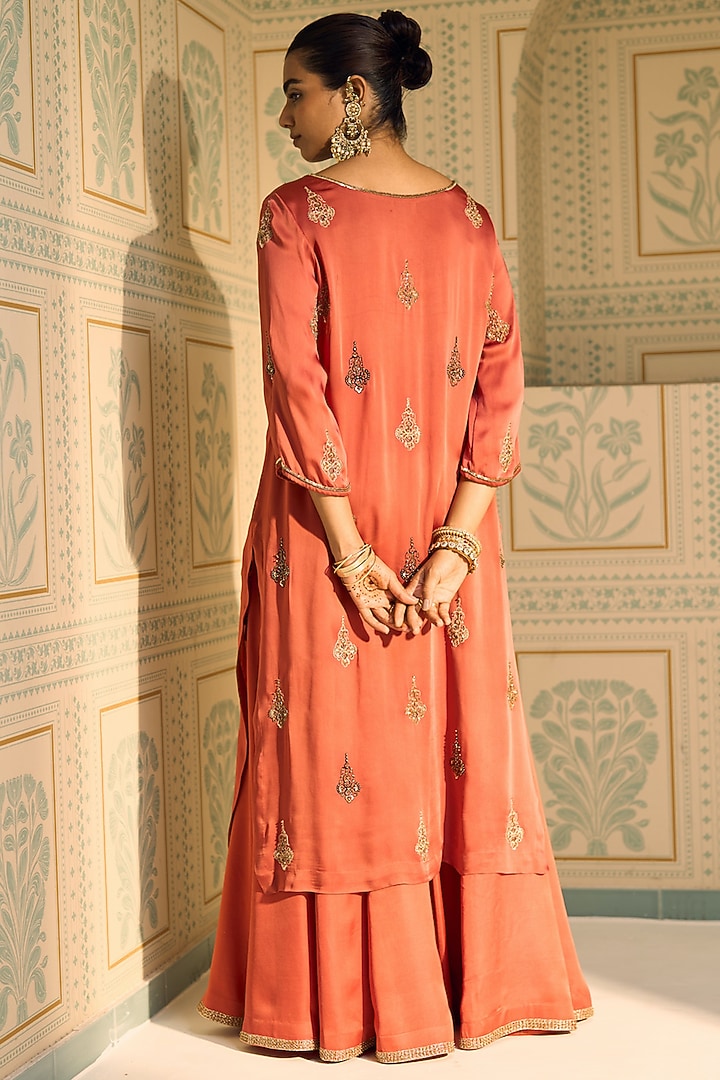 Orange Satin Georgette Hand Embroidered Kurta Set by Sarang Kaur at Pernia's Pop Up Shop
