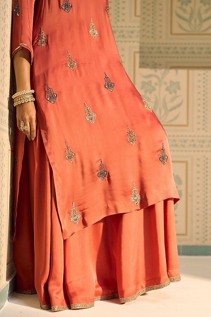 Orange Satin Georgette Hand Embroidered Kurta Set by Sarang Kaur at Pernia's Pop Up Shop