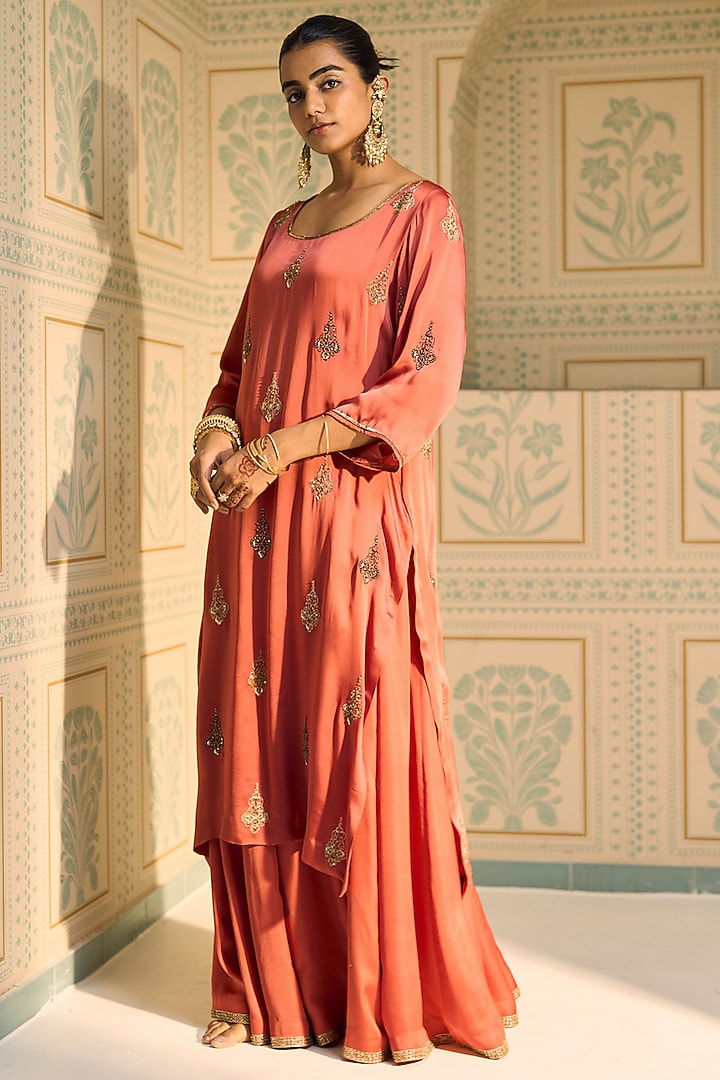 Orange Satin Georgette Hand Embroidered Kurta Set by Sarang Kaur at Pernia's Pop Up Shop