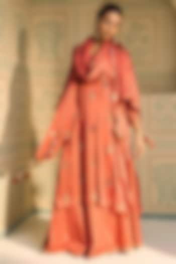 Orange Satin Georgette Hand Embroidered Dupatta by Sarang Kaur at Pernia's Pop Up Shop