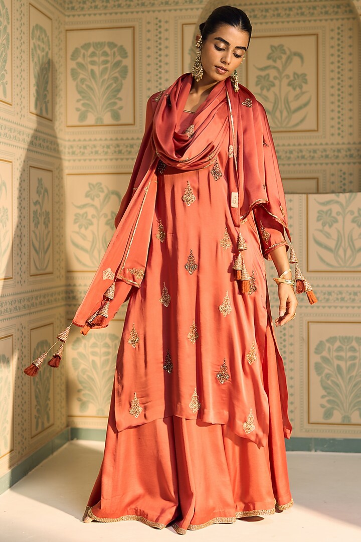 Orange Satin Georgette Hand Embroidered Dupatta by Sarang Kaur at Pernia's Pop Up Shop
