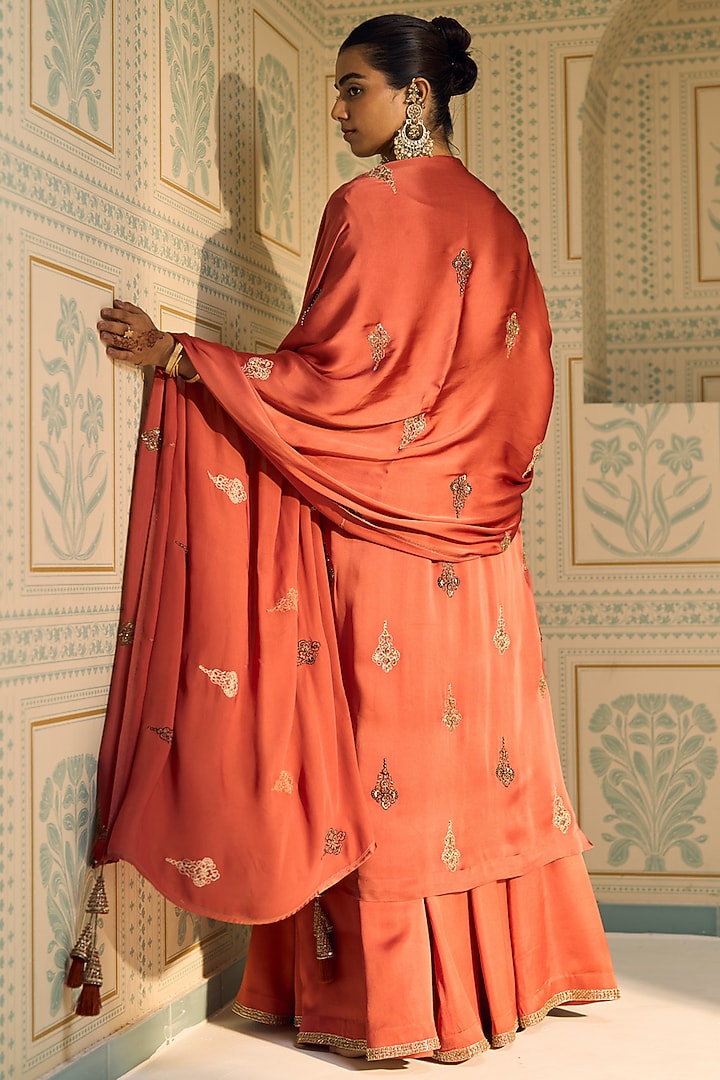 Orange Satin Georgette Hand Embroidered Dupatta by Sarang Kaur at Pernia's Pop Up Shop