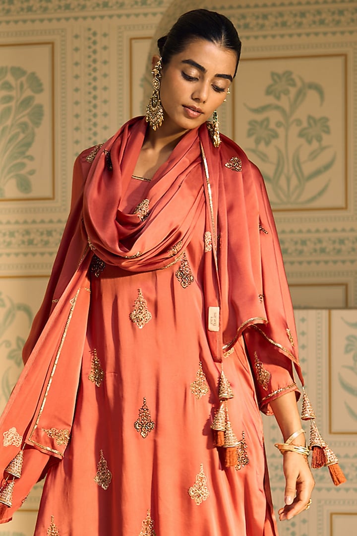 Orange Satin Georgette Hand Embroidered Dupatta by Sarang Kaur at Pernia's Pop Up Shop