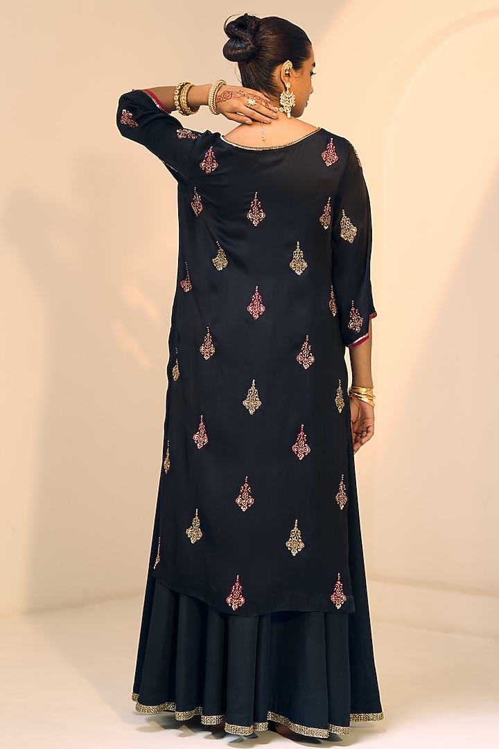 Black Satin Georgette Hand Embroidered Kurta Set by Sarang Kaur at Pernia's Pop Up Shop