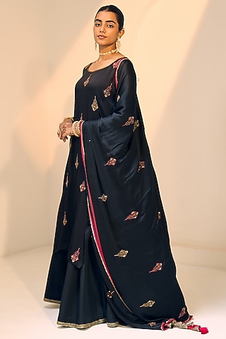 Black Satin Georgette Hand Embroidered Dupatta by Sarang Kaur