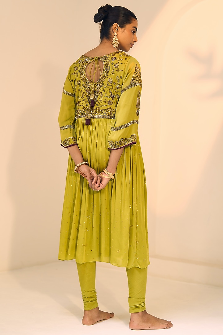 Green Satin Georgette Hand Embroidered Kurta Set by Sarang Kaur at Pernia's Pop Up Shop