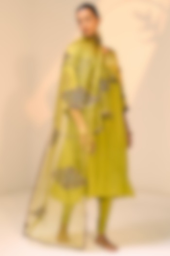 Green Organza Silk Hand Embroidered Dupatta by Sarang Kaur at Pernia's Pop Up Shop