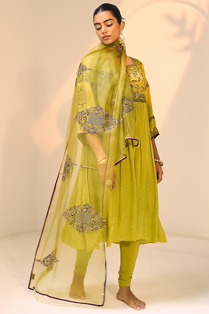 Green Organza Silk Hand Embroidered Dupatta by Sarang Kaur at Pernia's Pop Up Shop