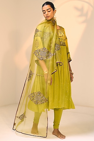 Green Organza Silk Hand Embroidered Dupatta by Sarang Kaur