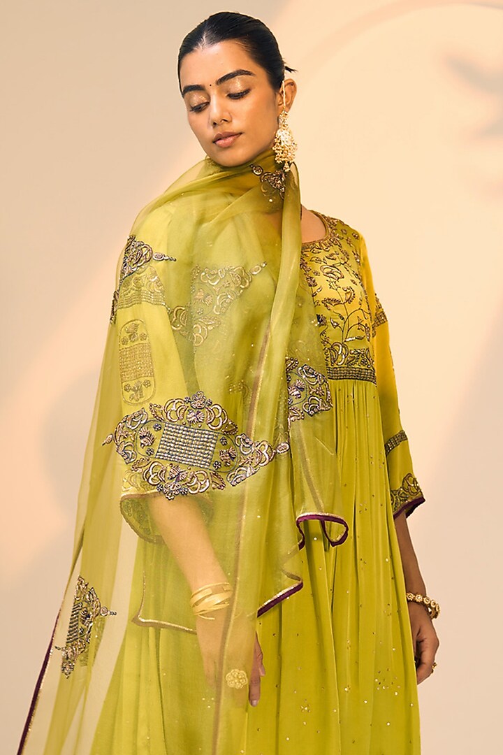 Green Organza Silk Hand Embroidered Dupatta by Sarang Kaur at Pernia's Pop Up Shop