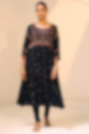 Black Satin Georgette Hand Embroidered Kurta Set by Sarang Kaur at Pernia's Pop Up Shop