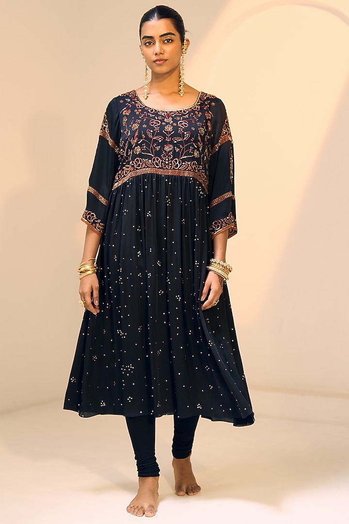 Black Satin Georgette Hand Embroidered Kurta Set by Sarang Kaur at Pernia's Pop Up Shop