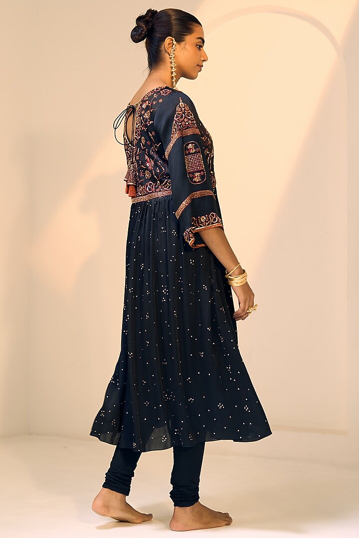 Black Satin Georgette Hand Embroidered Kurta Set by Sarang Kaur at Pernia's Pop Up Shop