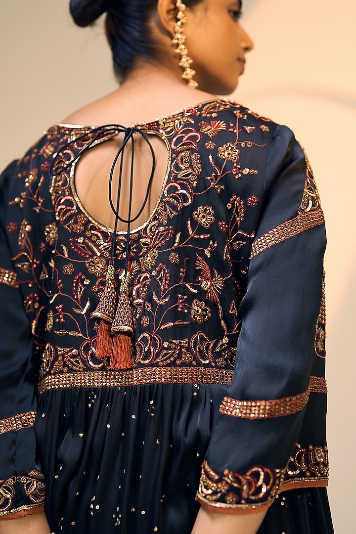 Black Satin Georgette Hand Embroidered Kurta Set by Sarang Kaur at Pernia's Pop Up Shop