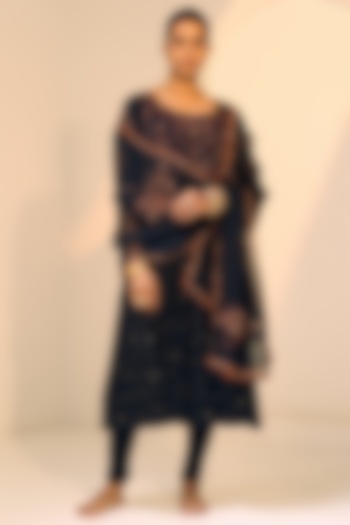 Black Organza Silk Hand Embroidered Dupatta by Sarang Kaur at Pernia's Pop Up Shop