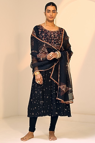 Black Organza Silk Hand Embroidered Dupatta by Sarang Kaur