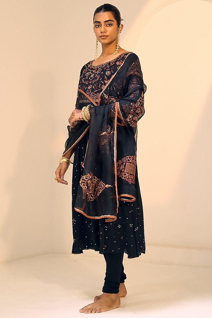 Black Organza Silk Hand Embroidered Dupatta by Sarang Kaur at Pernia's Pop Up Shop