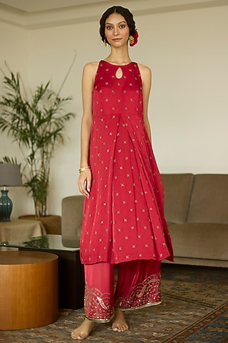 Red Satin Georgette Hand Embroidered Kurta Set by Sarang Kaur