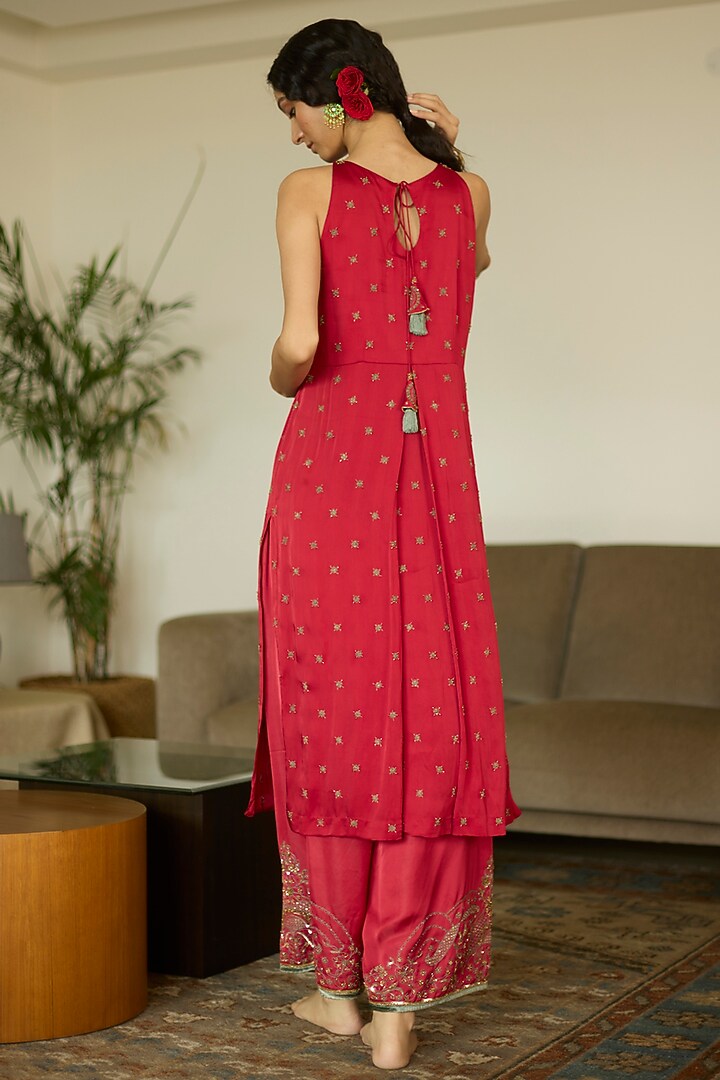 Red Satin Georgette Hand Embroidered Kurta Set by Sarang Kaur at Pernia's Pop Up Shop