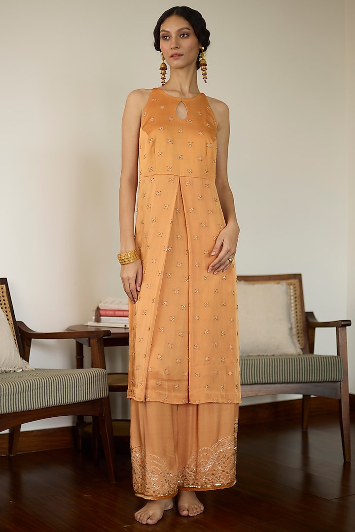 Orange Satin Georgette Hand Embroidered Kurta Set by Sarang Kaur at Pernia's Pop Up Shop