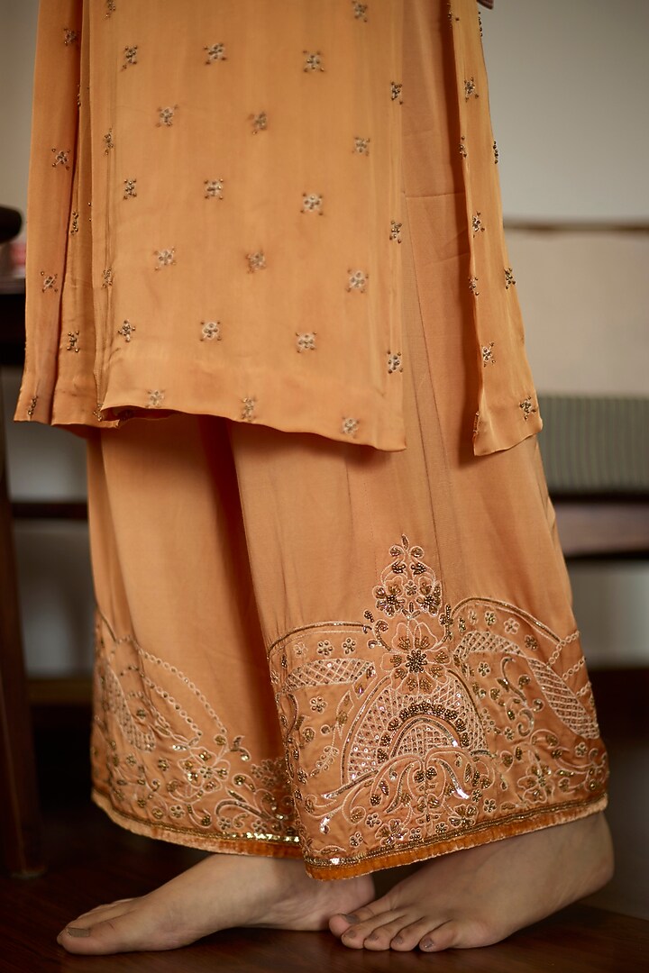 Orange Satin Georgette Hand Embroidered Kurta Set by Sarang Kaur at Pernia's Pop Up Shop