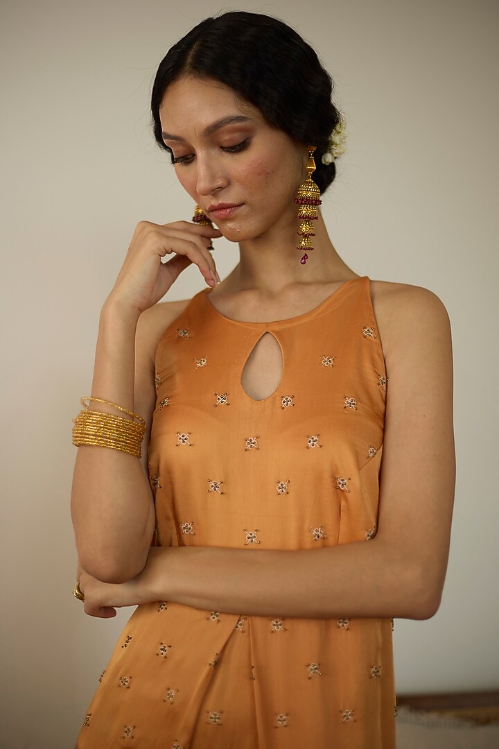 Orange Satin Georgette Hand Embroidered Kurta Set by Sarang Kaur at Pernia's Pop Up Shop