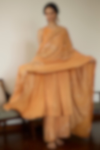 Orange Satin Georgette Hand Embroidered Dupatta by Sarang Kaur at Pernia's Pop Up Shop