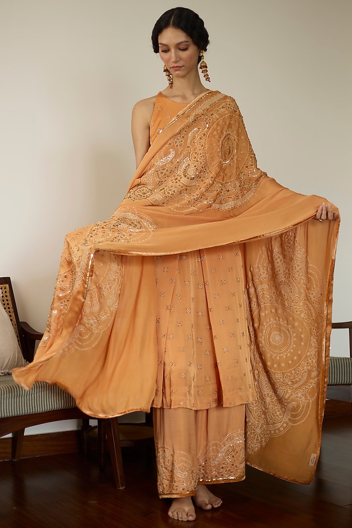 Orange Satin Georgette Hand Embroidered Dupatta by Sarang Kaur at Pernia's Pop Up Shop