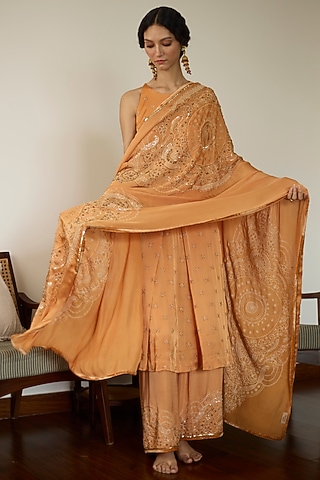 Orange Satin Georgette Hand Embroidered Dupatta by Sarang Kaur
