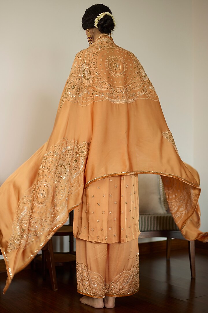 Orange Satin Georgette Hand Embroidered Dupatta by Sarang Kaur at Pernia's Pop Up Shop