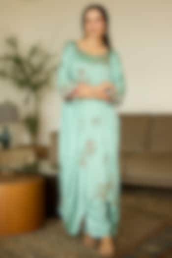 Blue Satin Georgette Hand Embroidered Kaftan Set by Sarang Kaur at Pernia's Pop Up Shop
