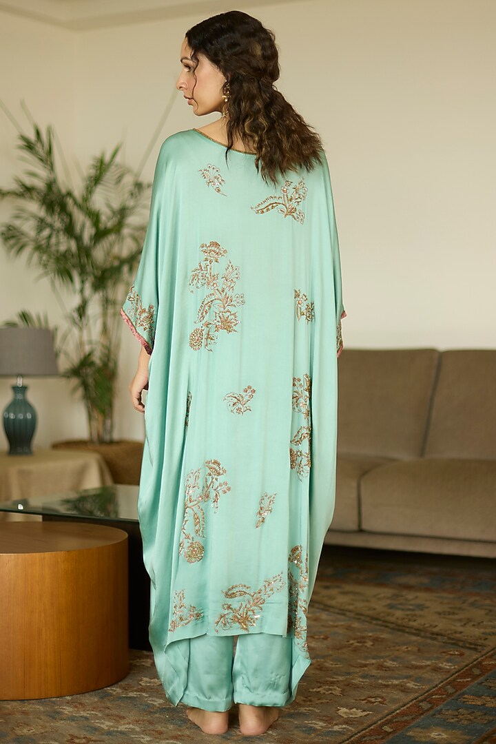 Blue Satin Georgette Hand Embroidered Kaftan Set by Sarang Kaur at Pernia's Pop Up Shop