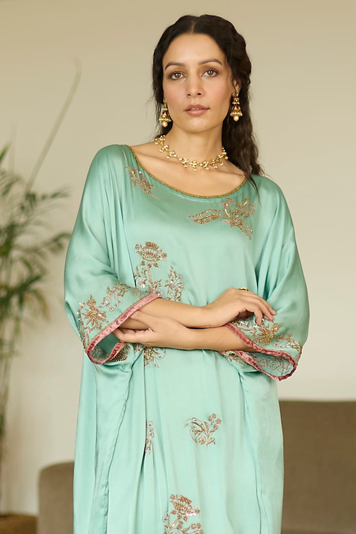Blue Satin Georgette Hand Embroidered Kaftan Set by Sarang Kaur at Pernia's Pop Up Shop