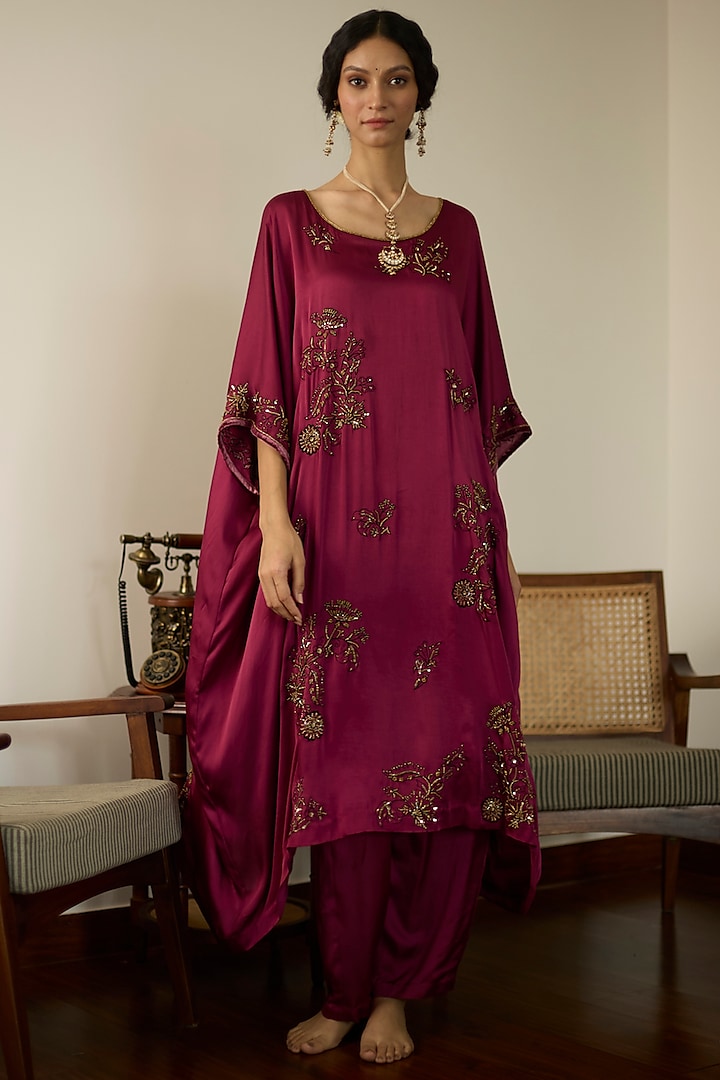 Pink Satin Georgette Hand Embroidered Kaftan Set by Sarang Kaur at Pernia's Pop Up Shop