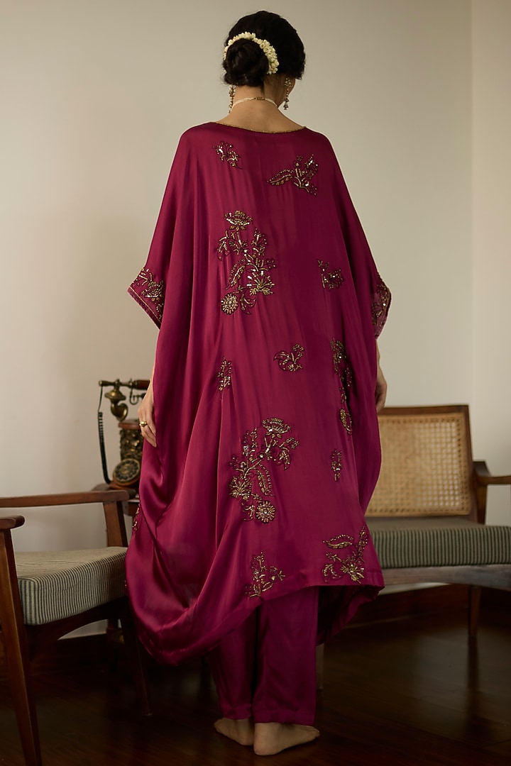 Pink Satin Georgette Hand Embroidered Kaftan Set by Sarang Kaur at Pernia's Pop Up Shop